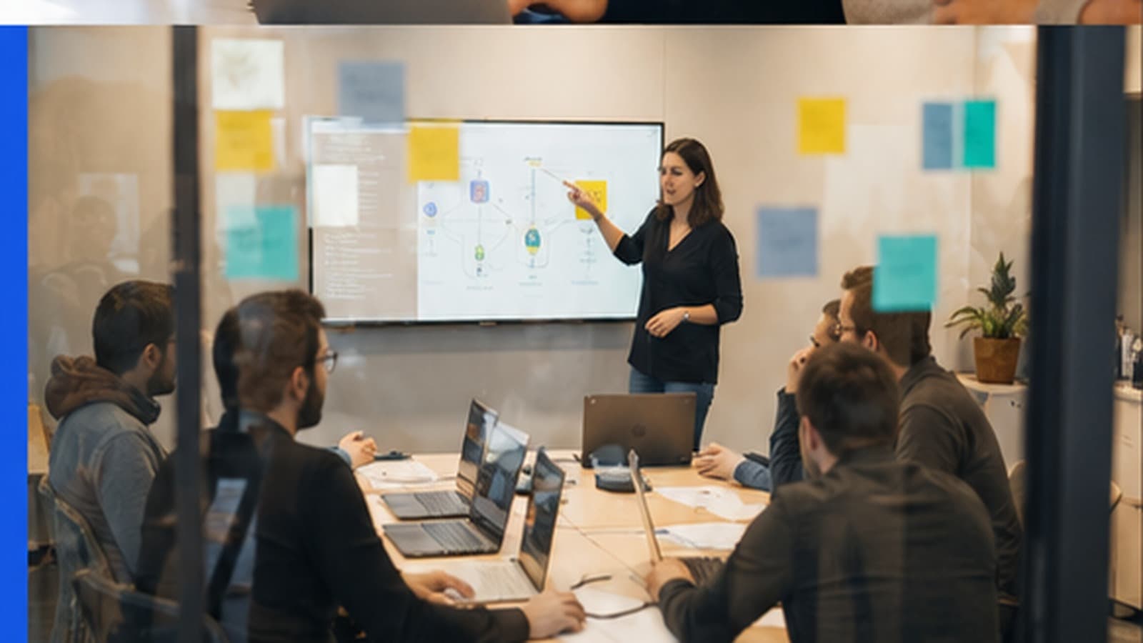 Strategic AI workshop with a team gathered around a board.