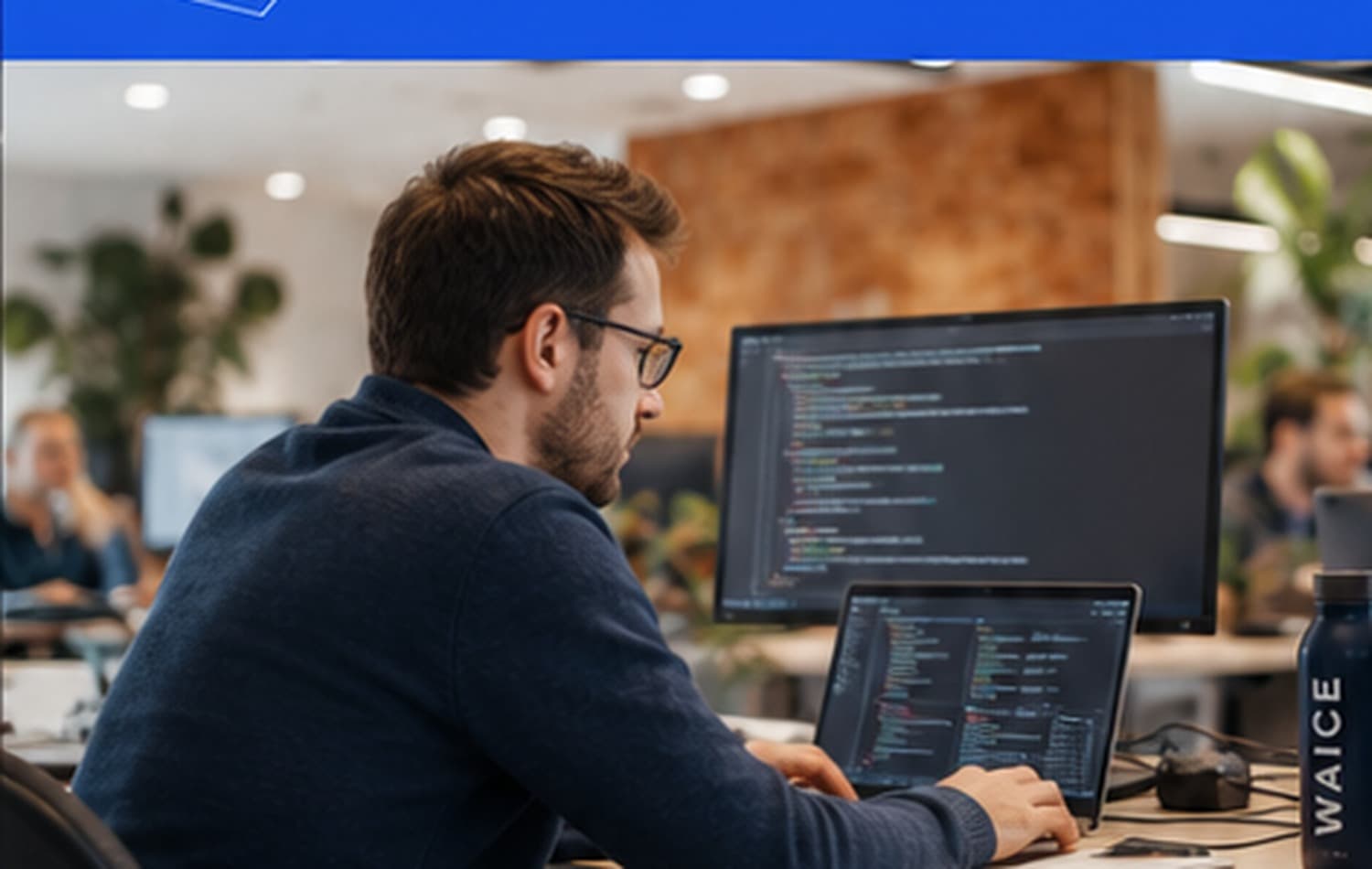 Collaborator supervising AI solutions on technical screens.